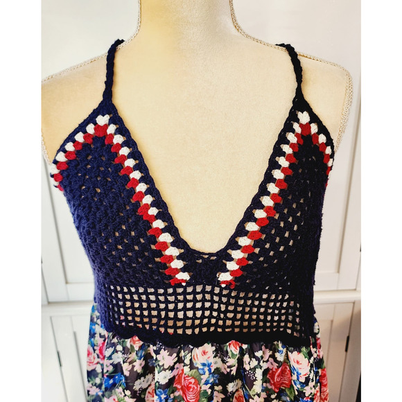 Forever 21 Crochet top Floral Maxi Semi Sheer Beach Cover up Dress OX - Picture 2 of 7